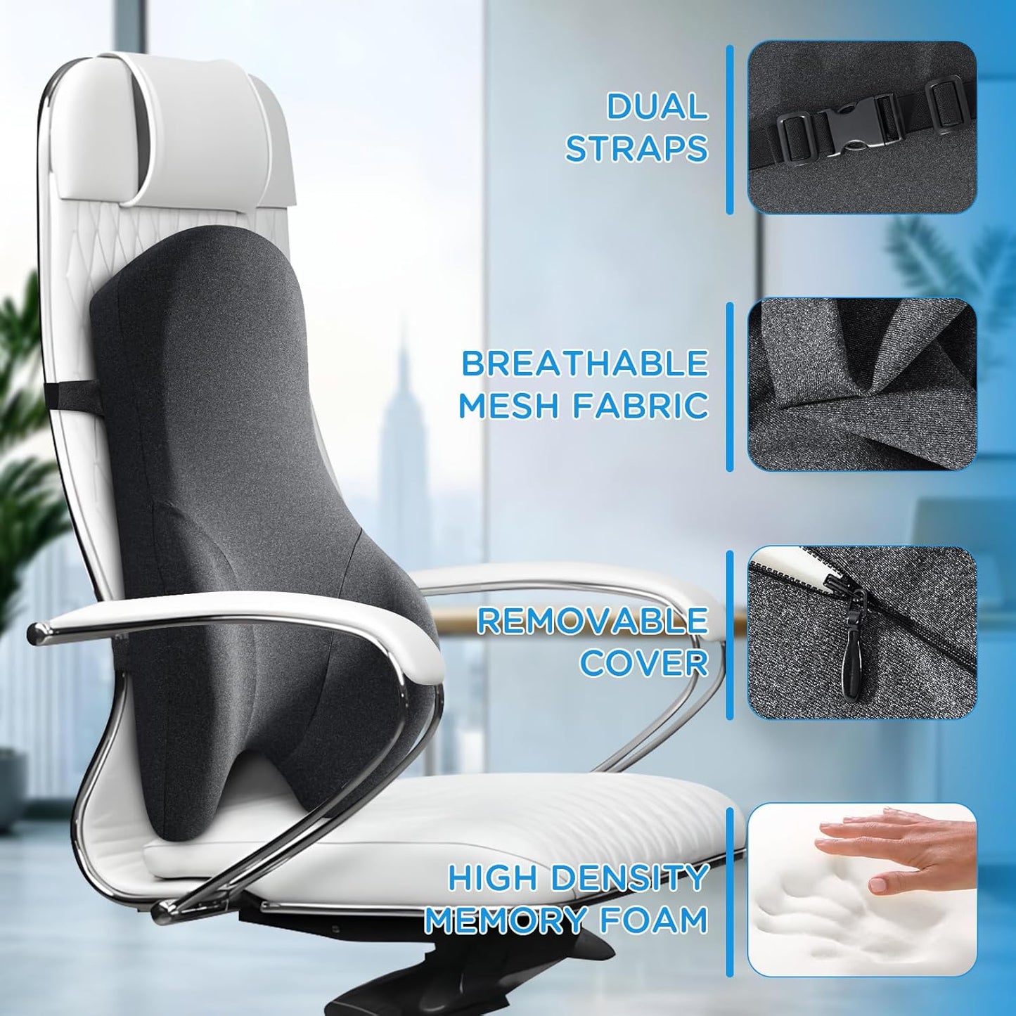 Teemour High Back Support Pillow for Office Chair, Fully Support Entire Back Cushion Pain Relief Promotes Posture- Memory Foam Lumbar Support Pillow for Offfice Chair, Desk, Gaming Chair