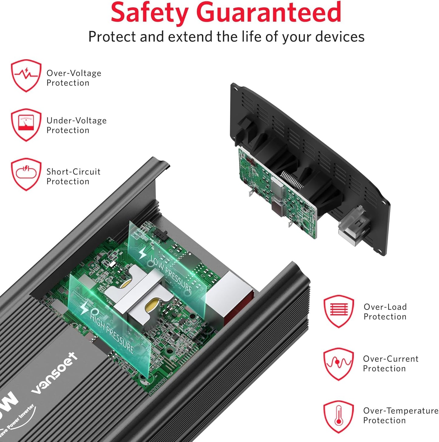 500W Pure Sine Wave Power Inverter, DC 12V to 110V AC Car Plug Inverter Adapter with 4.2A Dual USB Charging Ports and 2 AC Outlets Car Charger (Black)