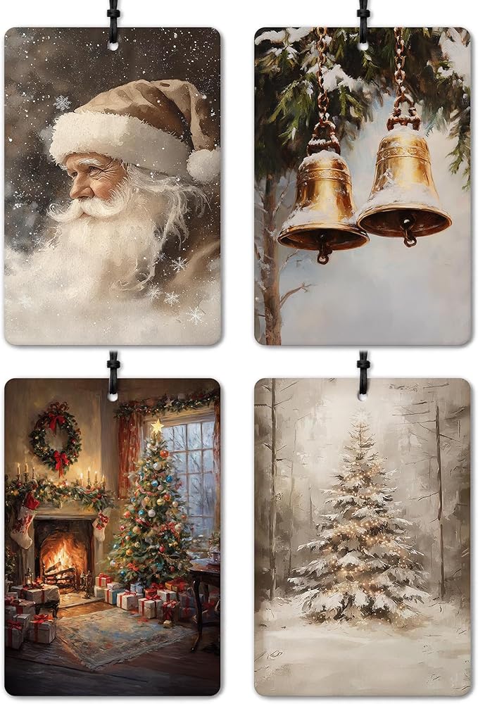 Christmas Car Air Freshener 4 Pcs, Vintage Rustic Winter Xmas Santa Bell Tree Hanging Air Freshener for Cars Closet Drawer Books, Winter Christmas Car Accessories for Women Men