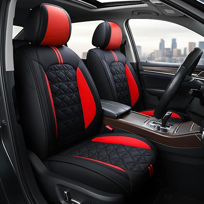 OASIS AUTO Car Seat Covers Full Set Premium Waterproof Faux Leather Cushion Universal Accessories Fit SUV Truck Sedan Automotive Vehicle Auto Interior Protector (OS010-Black&Red)