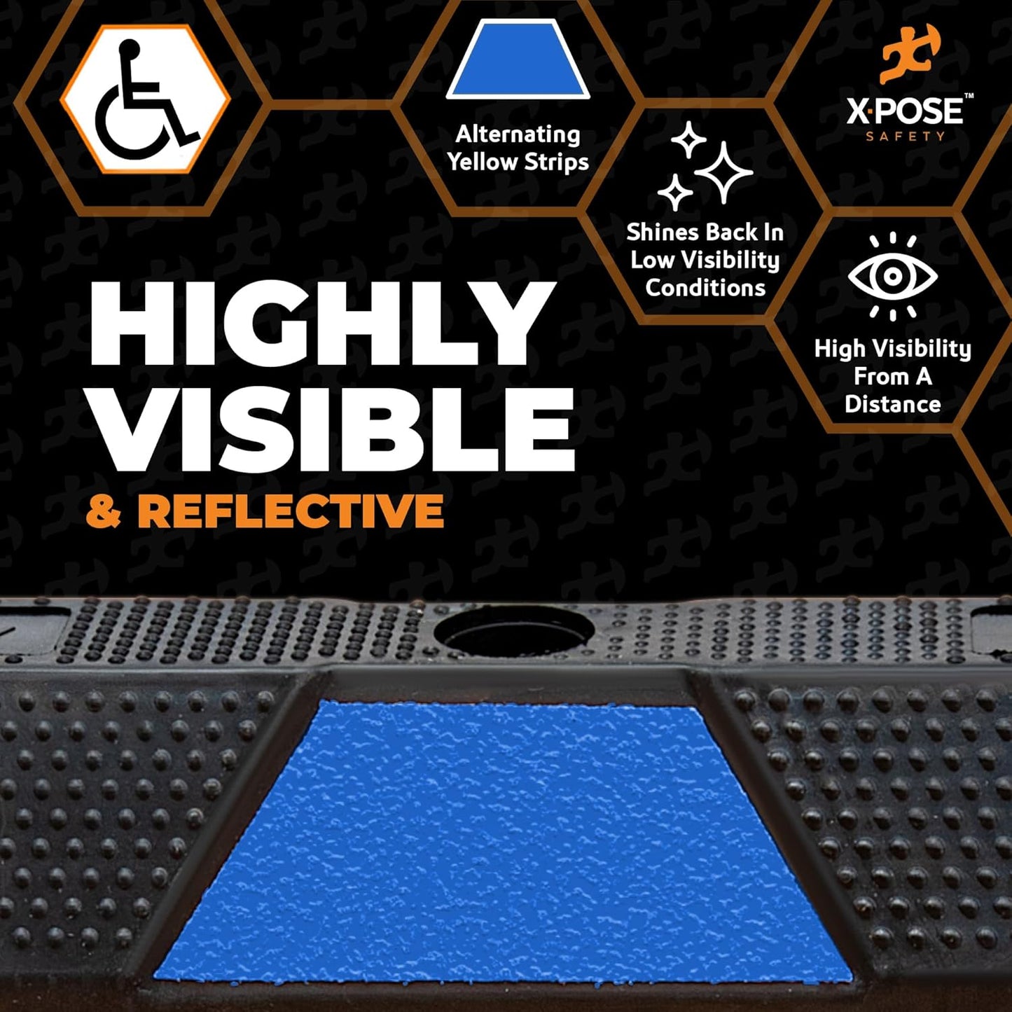 Xpose Safety 72" Heavy Duty Rubber Parking Stopper – Bulk 2 Full Pallets 100 Pack Wheel Blocks for Garage, Driveway, or Ramp – Car Bumper Stop with Blue Reflective Strips – Removable Floor Mount