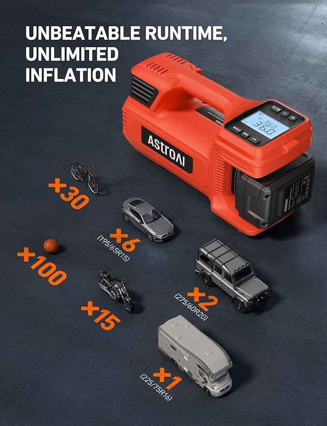 AstroAI TC4 Portable Air Compressor Tire Inflator, 470W 18V Cordless Air Pump for Truck Tires with 4000mAh Battery, 150PSI Heavy Duty Air Compressor with Digital Display for Car, RVs, SUV Gift Red
