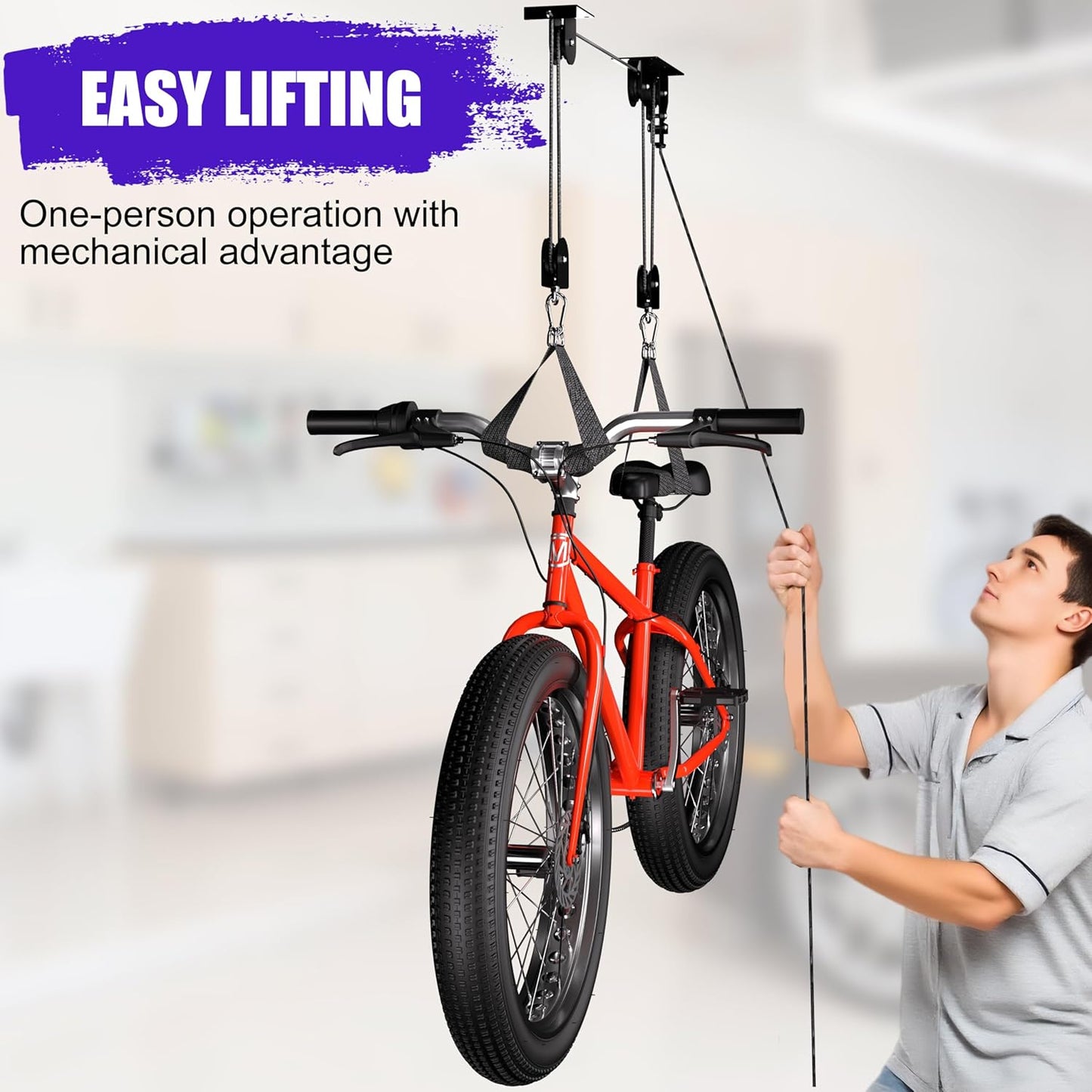 Bike Hoist, Heavy Duty Bike Pulley System for Garage Ceiling Bicycle Hanger, Bike Lift Overhead Storage Holds Up to 85 lbs Capacity, Fit 10-16 Foot Ceilings, Black