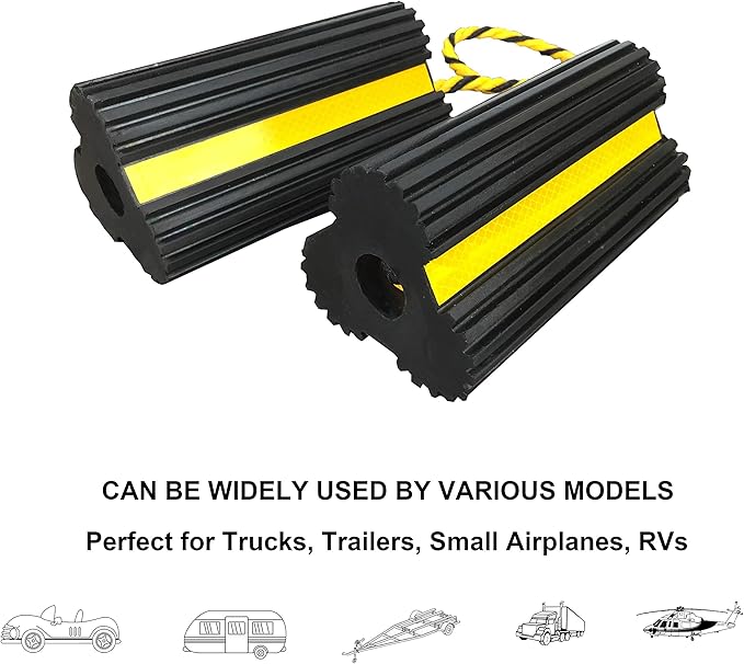 Heavy Duty Rubber Dual Wheel Chocks, RV Non Slip Wheel Stoppers with Nylon Rope Yellow Reflective Tape, Wheel Block for Travel Trailers, Aircraft, Car, Camper, Truck 1 Pair