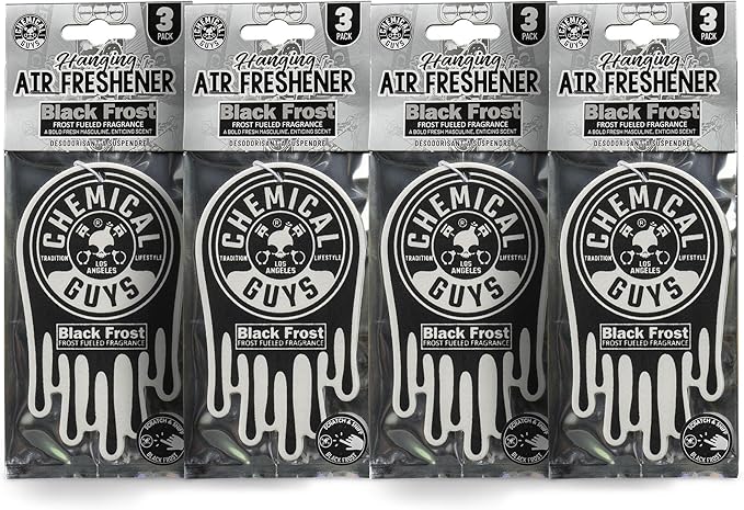 Chemical Guys Hanging Air Freshener, Black Frost Scent 12 Pack, Great for Cars, Trucks, SUVs, RVs, Home, Garage, Workspace, Dorm Room & More (4 x 3 Packs) - AIR40504