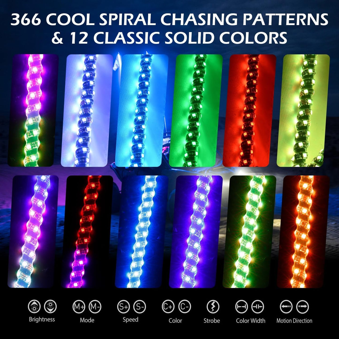 2PCS 3FT RGB LED Whip Light with Spring Base Remote App Control w/DIY Chasing Patterns Turn Signal & Brake Lights for ATV, UTV, Polaris, RZR, Can-am