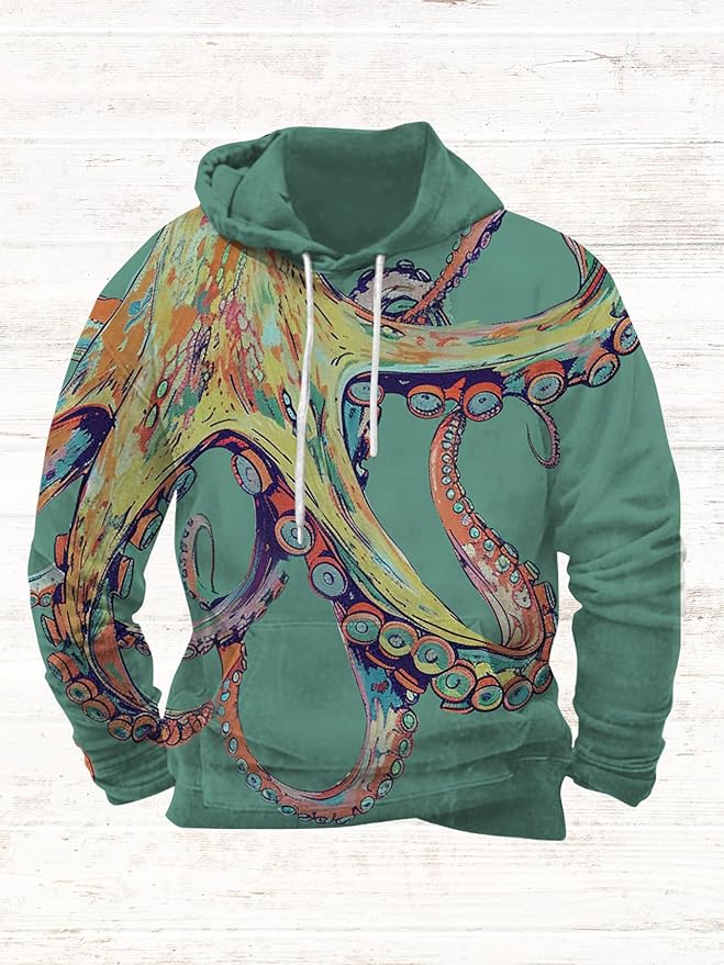 Mens Animal Print Graphic Hoodies Casual Long Sleeve Japanese Art Style Hooded Sweatshirt Lightweight Pullover Tops