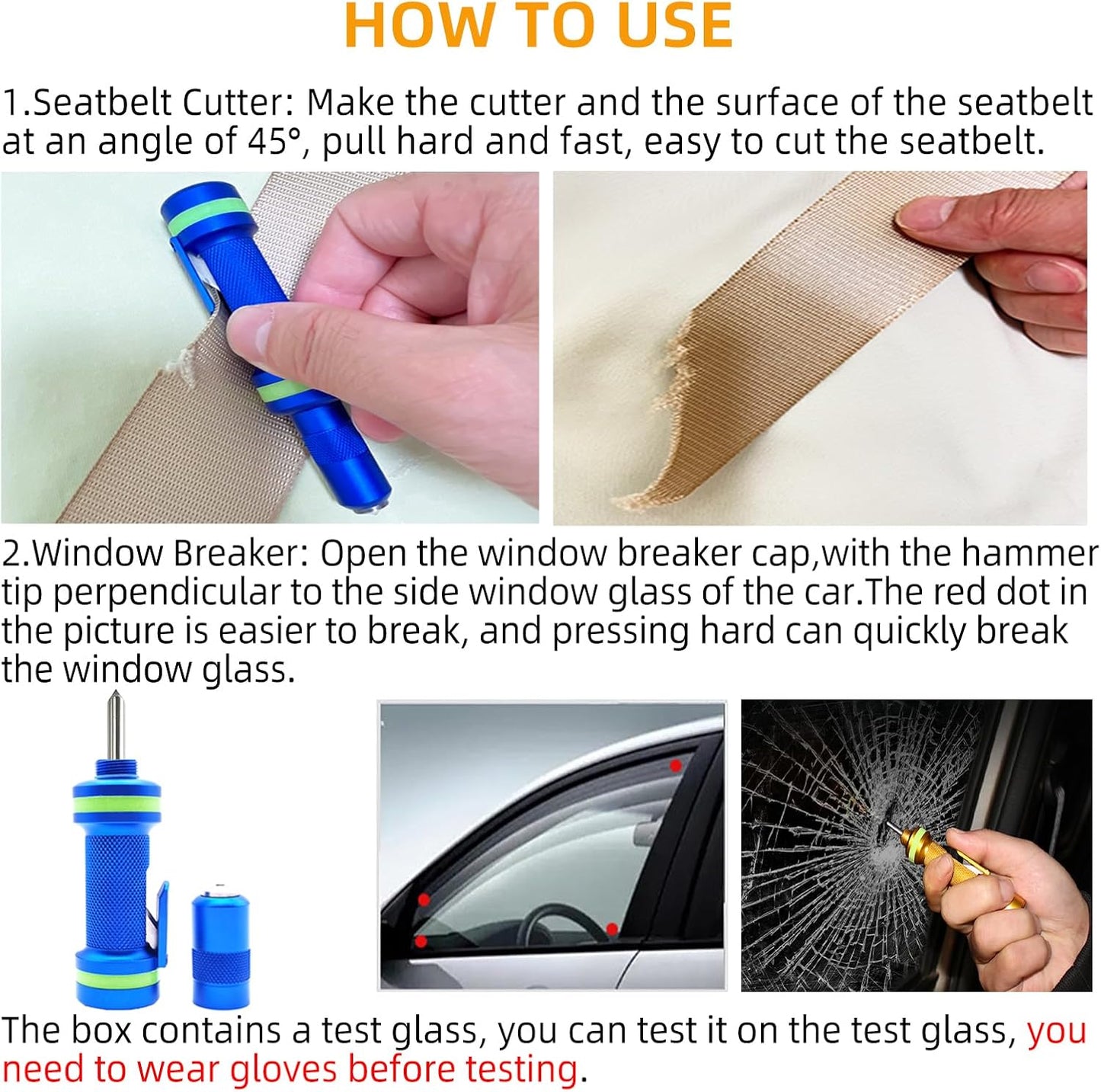 Allelic Car Window Breaker Tool, Window Breaker Seatbelt Cutter, Window Breaker, Glass Breaker, Spring-Loaded Window Breaker for Land & Underwater (Blue, 2 PCS)