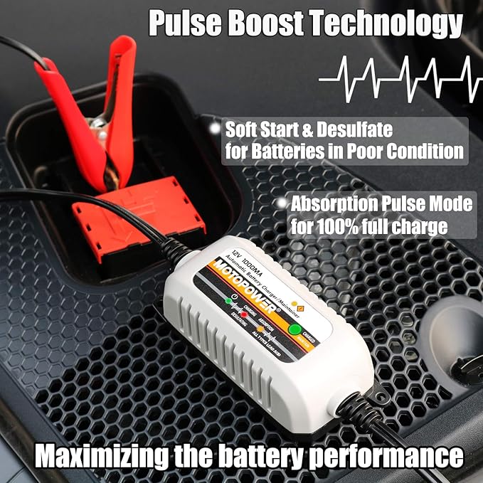 MOTOPOWER MP00205B 12V 1000mA Automatic Battery Charger, Battery Maintainer, Trickle Charger, and Battery Desulfator with Timer Protection - Grey