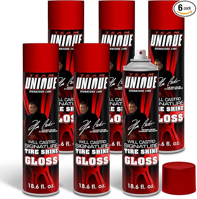 TEAM UNIQUE Tire Shine Gloss – 18.6 Fl Oz (550mL) Pack of 6 | High-Gloss Formula for Ultimate Tire Shine | Protects Against Cracking and Fading | Non-Greasy, Low-Sling Spray for Easy Application