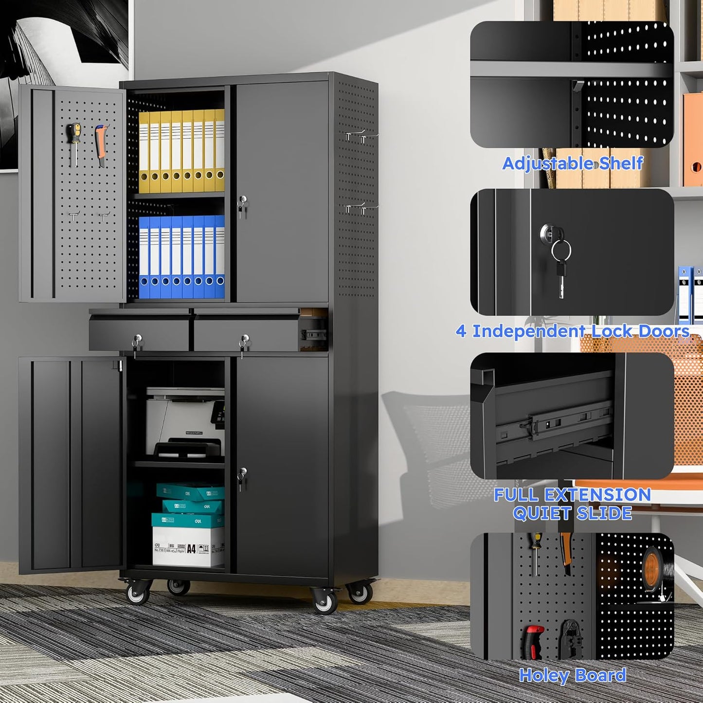 71" Metal Garage Storage Cabinet with 8 Hooks and Pegboards,2 Drawer Rolling Tool Storage with Locking Doors and Adjustable Shelves,Heavy Duty Steel Tool Cabinet for Garage, Warehouse