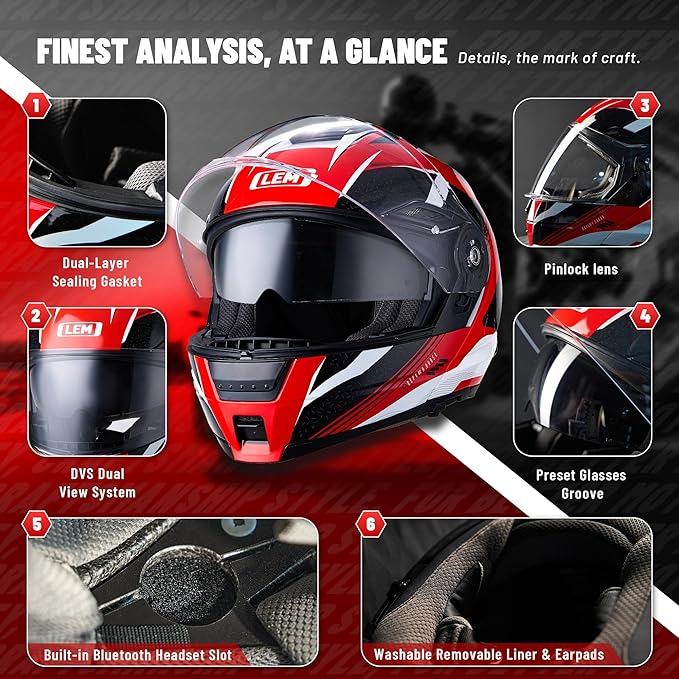LEM Modular Motorcycle Helmets Fiberglass, Full Face Motorcycle Helmet Flip Up for Touring, DOT Certified, Release Sun Visor & Removable Comfort Liner, Lightweight Street Bike Helmet (Red/White,L)
