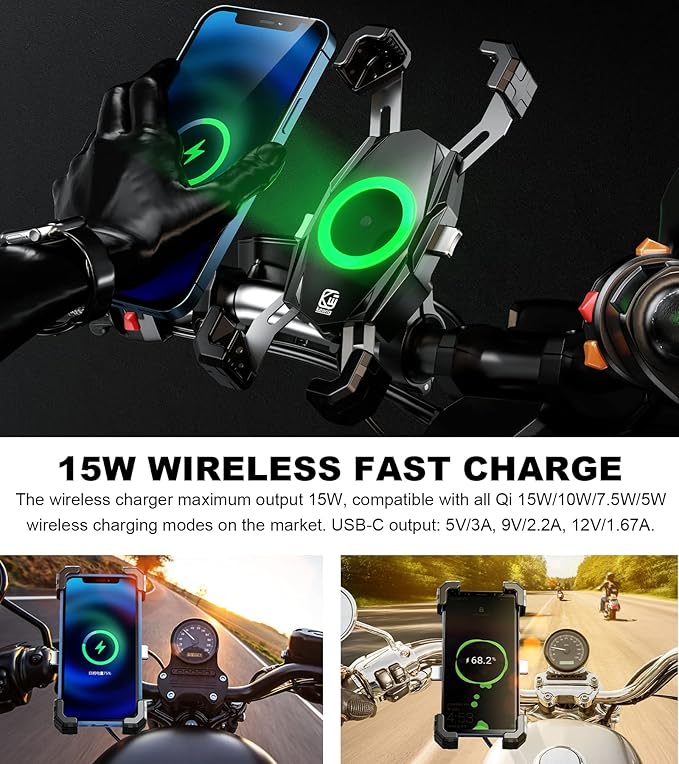 Kewig Motorcycle Phone Mount with Qi 15W Wireless Charger & USB C 20W Fast Charging Port, One-Push Automatically Lock & Quick Release Handlebar Phone Holder for 4.0-6.9" Phone