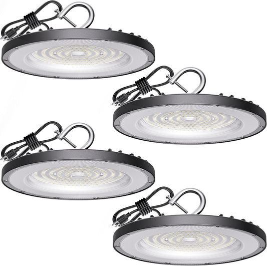 Led High Bay Light 100W, 14000lm 5000K UFO Bay Lighting with US Plug 5' Cable, 120V, IP65 Waterproof Commercial Lights Fixture for Workshop Factory Barn Garage, 4 Pack