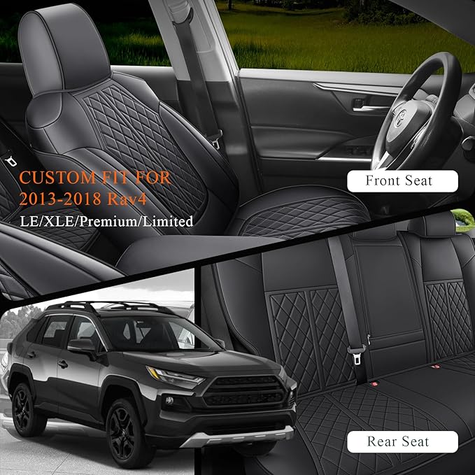 Rav4 Seat Covers Custom Fit for Toyota Rav4 Full Set Faux Leather Car Seat Covers Waterproof Full Coverage (Black, 2013-2018 LE/XLE/Premium/Limited)
