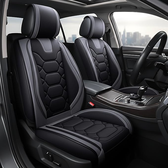 OASIS AUTO Car Seat Covers Front Seats, Waterproof Faux Leather Seat Covers for Cars Universal Fit for SUV, Truck, Sedan, Black Premium Car Seat Protector with Cushions (OS-004 Black&Gray)