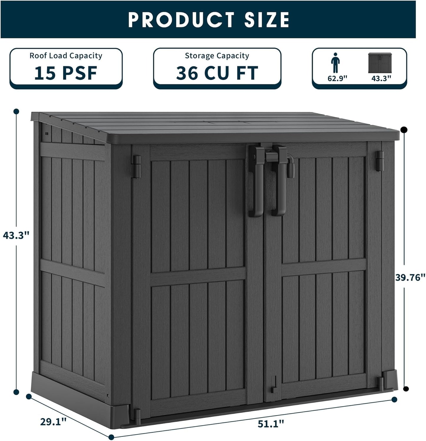Outdoor Storage Shed 36 Cu. Ft. Resin Garden Horizontal Storage Large Capacity Weather Resistant Storage Box, Lockable Resin Waterproof Shed for Garbage Cans, Garden Tools