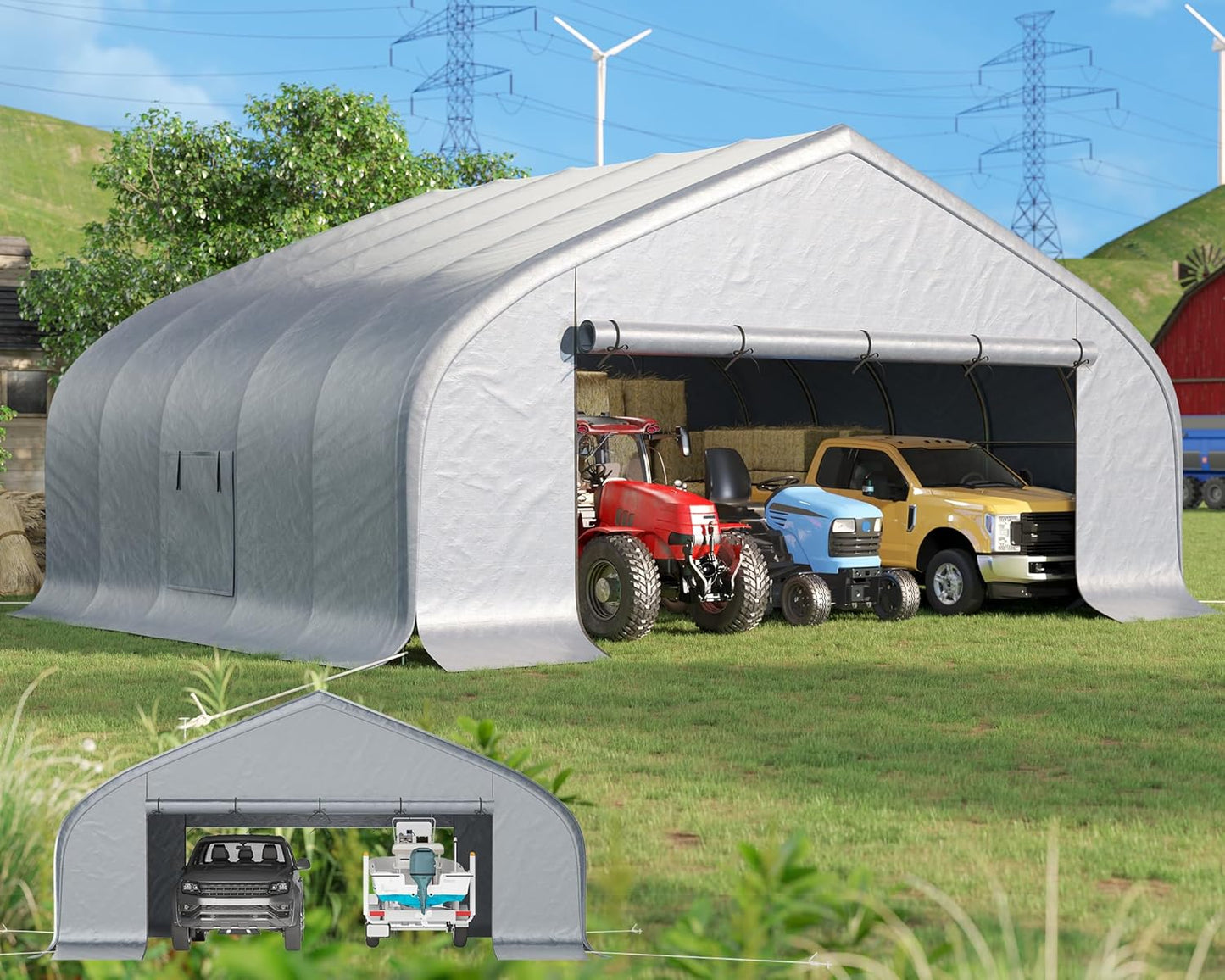 AMERLIFE 22.5 x 20FT Heavy Duty Double Carport, Galvanized Steel Frame Garage Shelter,Outdoor Storage, Waterproof 3-Layer PE Cover, Fits 2 Cars, Boat, Farm Equipment, Silver Grey