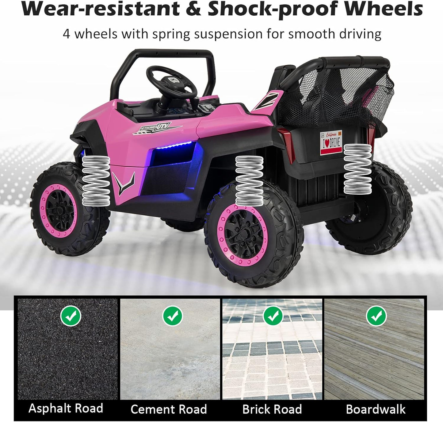 Costzon 2-Seater Ride on Car for Kids, 12V Kid' Electric Vehicles w/Remote Control, 4 Shock Absorbers, Wireless Music & FM, 3 Speeds, Ambiance Lights, Electric UTV, Kids Car for Boys Girls (Pink)