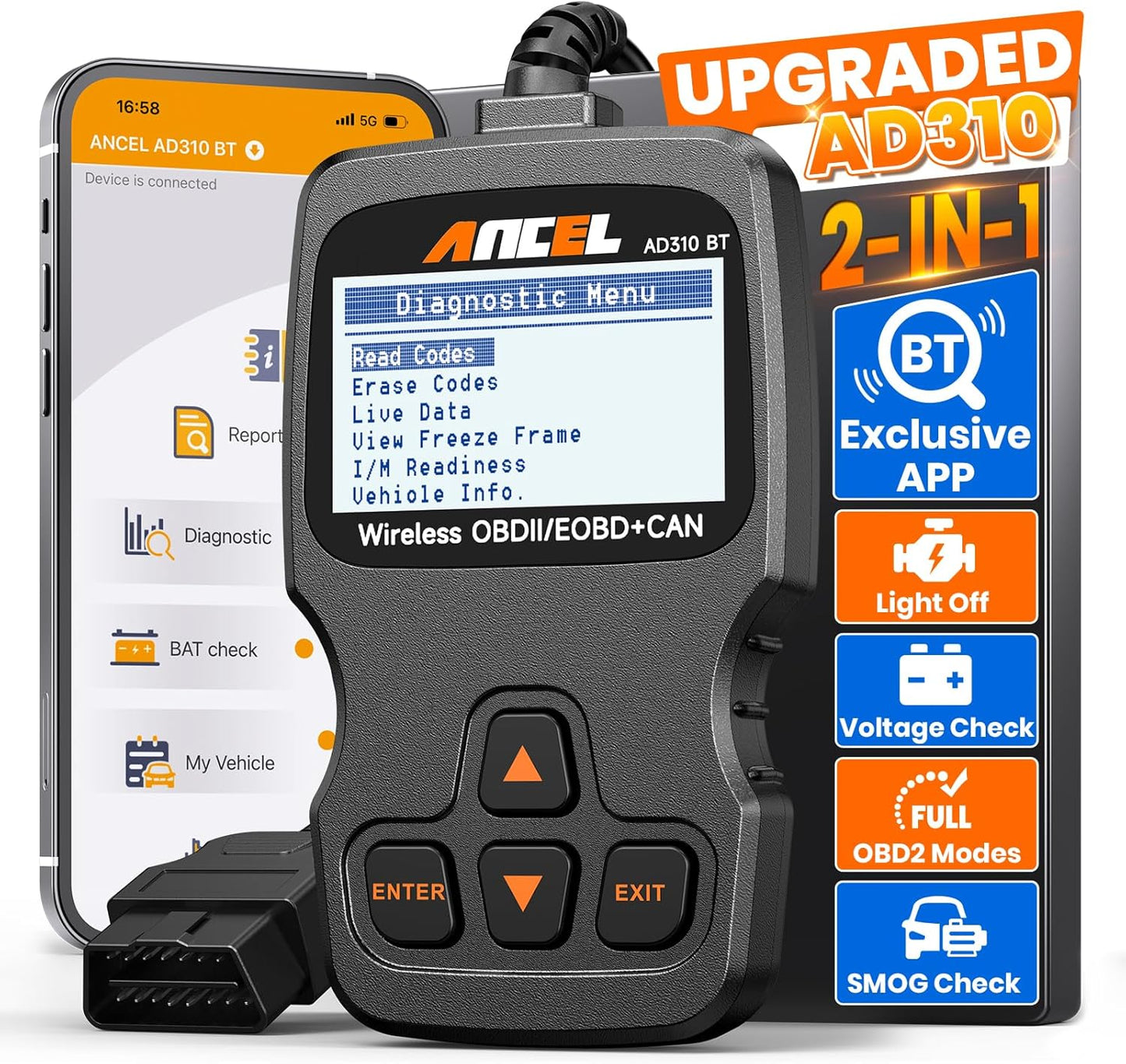 (Upgraded AD310) ANCEL AD310BT OBD2 Scanner Bluetooth - Check Engine Code Reader, Escaner Automotriz with Premium App On iOS & Android, Car Diagnostic Scanner for All Vehicles After 1996