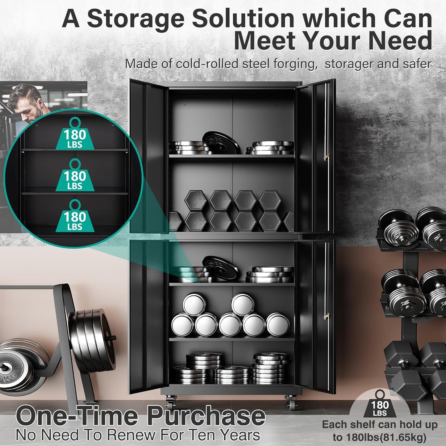 SISESOL Metal Storage Cabinet with Wheels,73" Rolling Garage Storage Cabinet with Lock,Black Metal Cabinets with Shelves and 4 Doors,Tall Tool Cabinets on Wheels for Garage,Home,Office,Shop