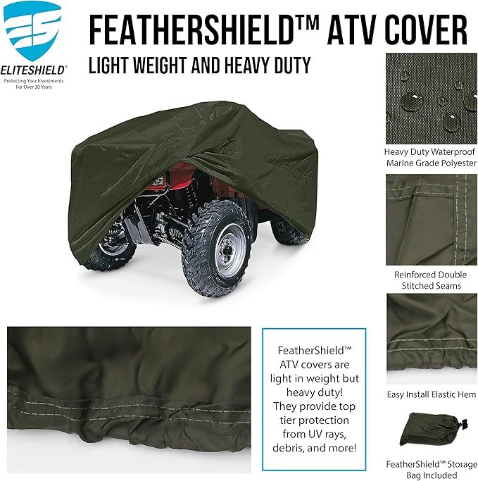 EliteShield Lightweight ATV Cover, Weatherproof Quad Four Wheeler Cover for Polaris Kawasaki Yamaha Suzuki Honda Arctic Cat Can-Am, Olive Drab Color fits ATVs up to 96" Long
