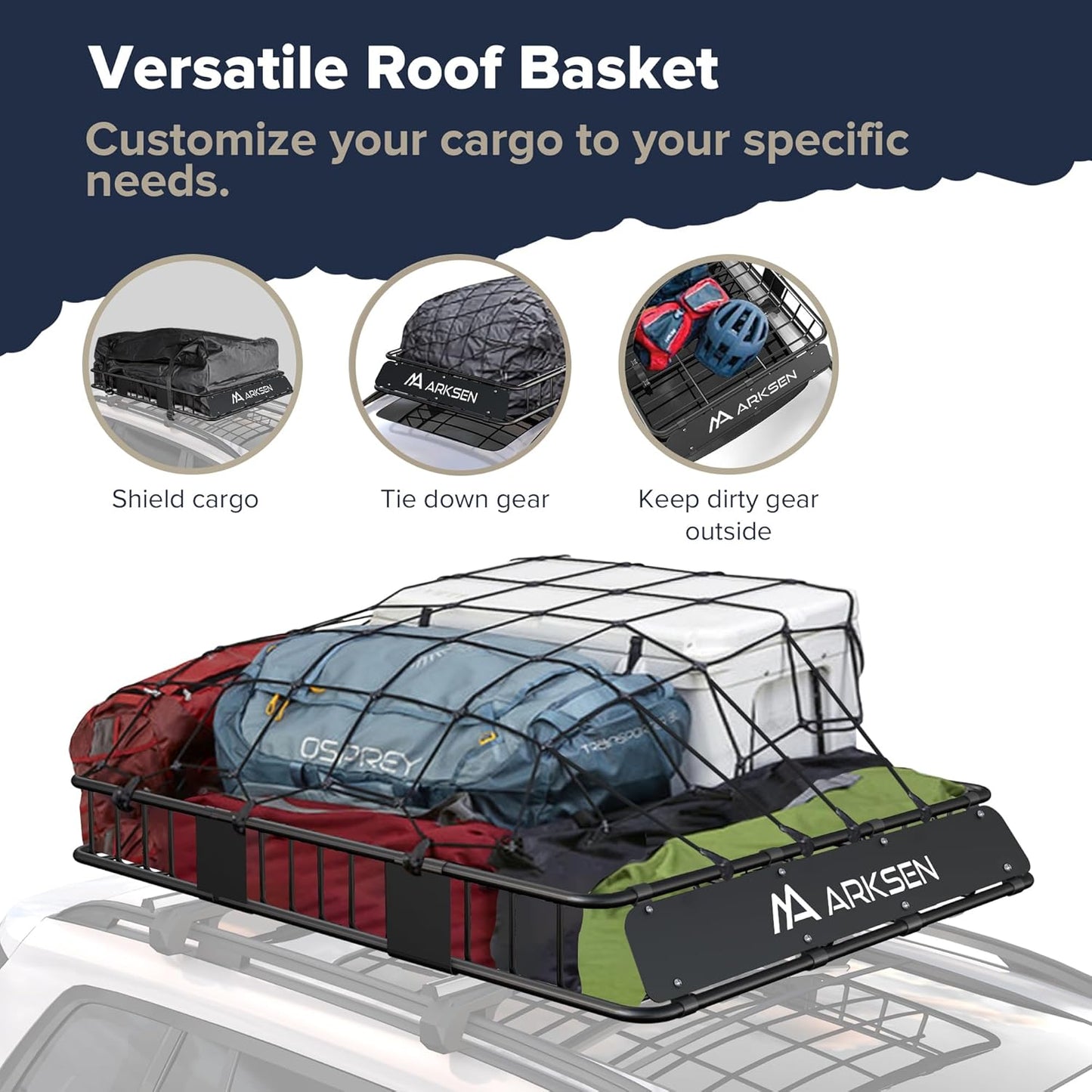 ARKSEN 64 x 50 x 6 Inch Universal Extra Wide 150LB Heavy Duty Roof Rack Cargo with Cargo Net, Car Top Luggage Holder Carrier Basket for SUV, Truck, & Car Steel Construction