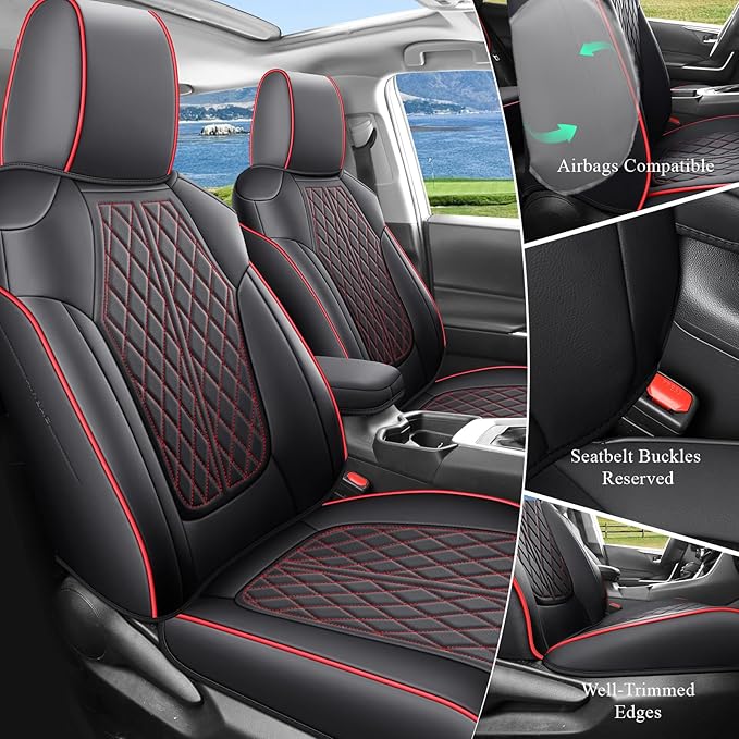 Rav4 Seat Covers Custom Fit for Toyota Rav4 Full Set Faux Leather Car Seat Covers Waterproof Full Coverage(Black Redline, Hybrid Model 2019-2025 LE/XLE/Premium/Limited)