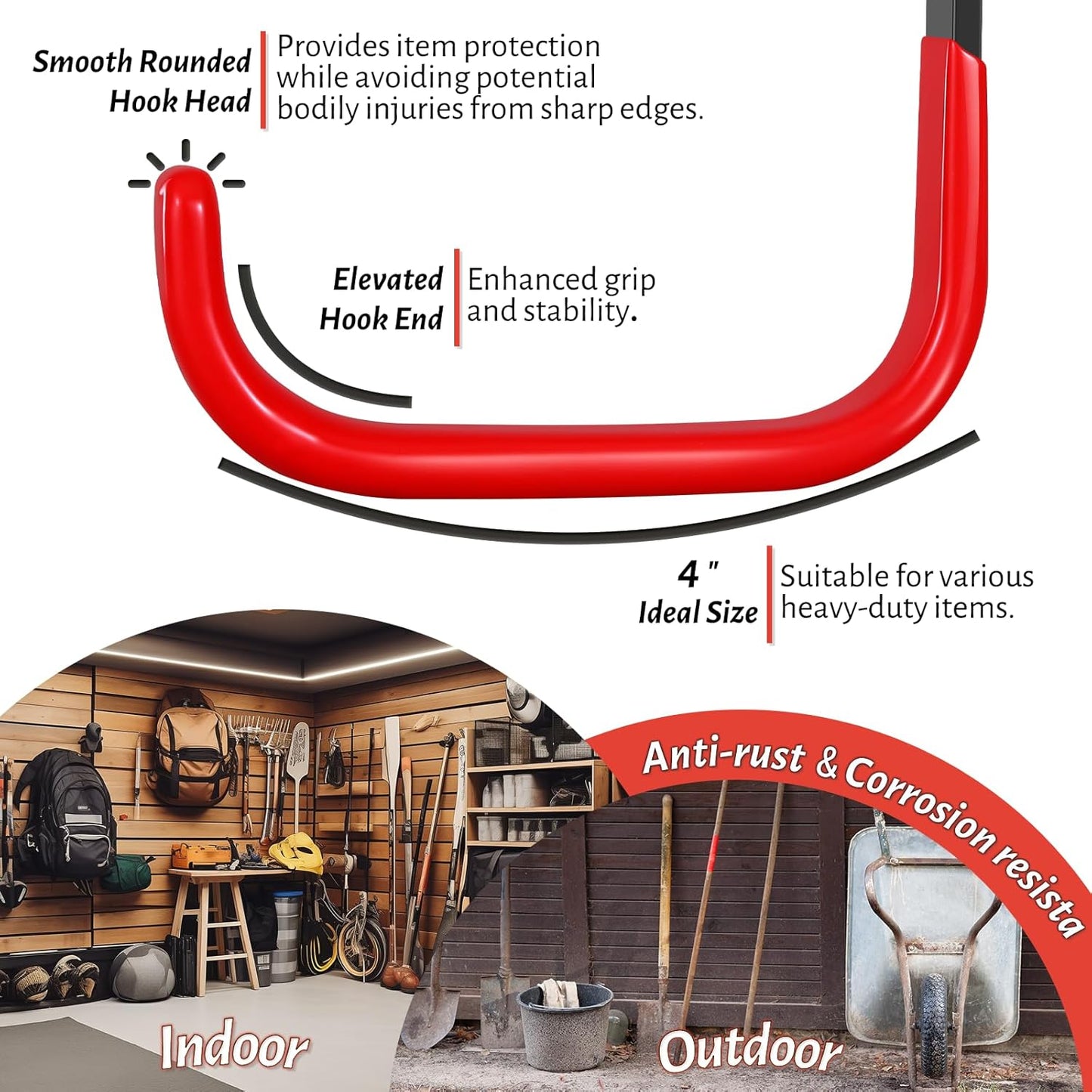 4 Inch Garage Hooks, 6 Pack Heavy Duty Wall Hooks for Hanging, Ladder Hangers for Garage Wall Mount, Steel J Utility Garden Hose Holder Tool Organizers and Storage(55lbs)