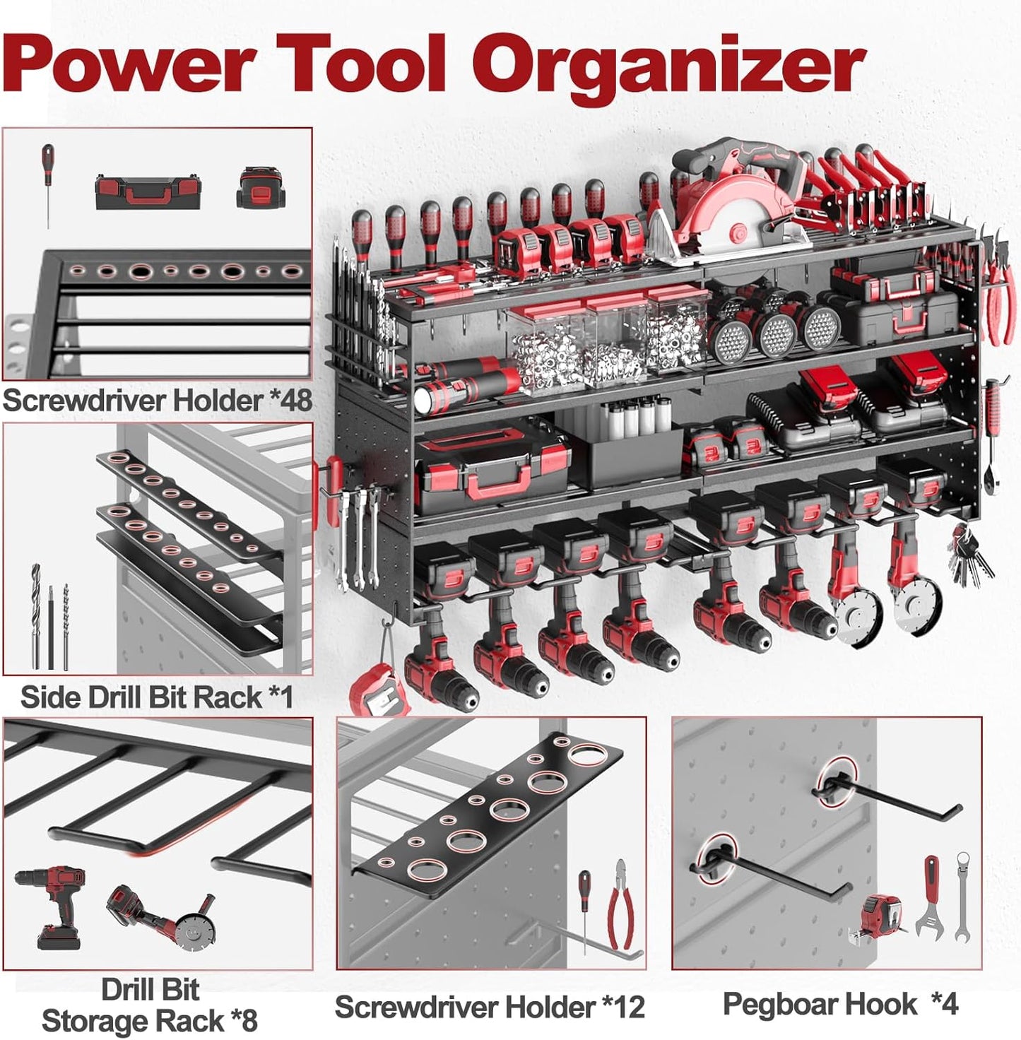 Power Tool Organizer Wall Mount, 4 Tier Tool Storage Rack with 8 Cordless Drill Holders, Heavy Duty Power Tool Shelf for Garage Organization Workshop