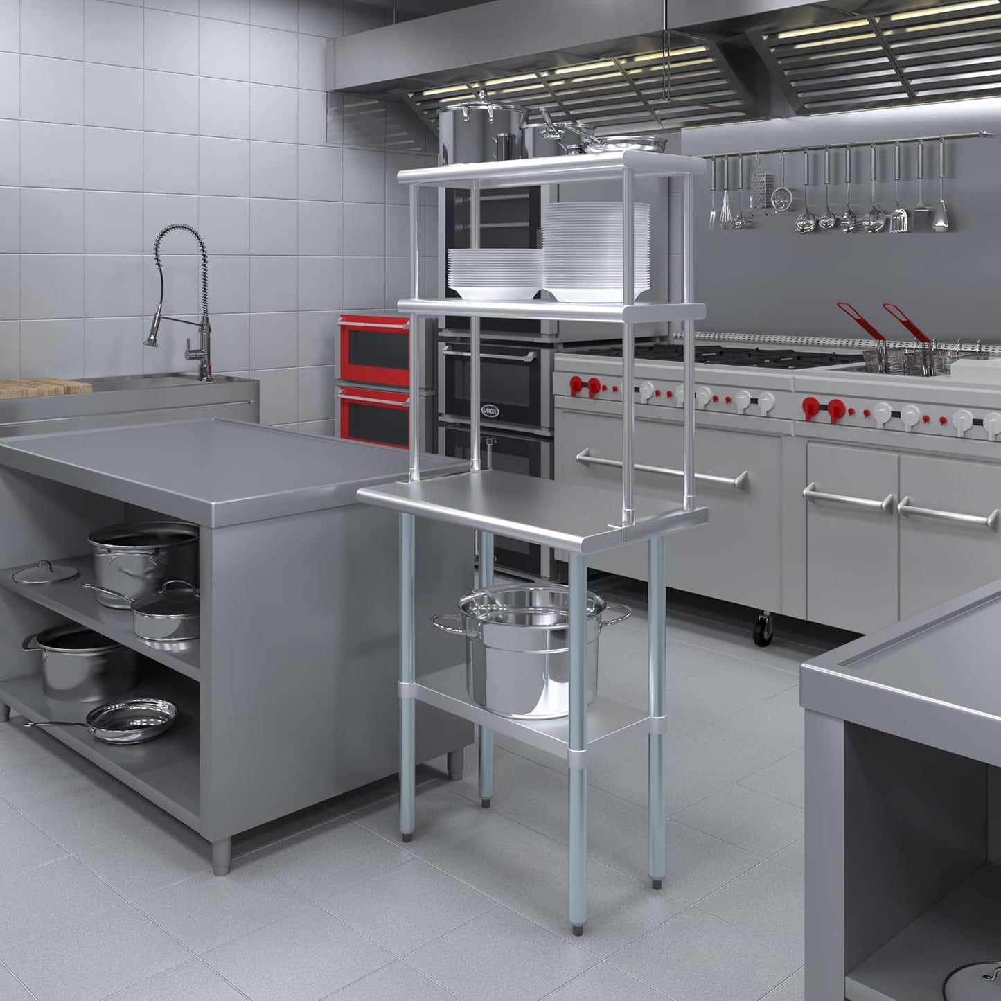 AmGood Stainless Steel Work Table Double Tier Overshelf | 18" x 30" Work Table + 12" Overshelf