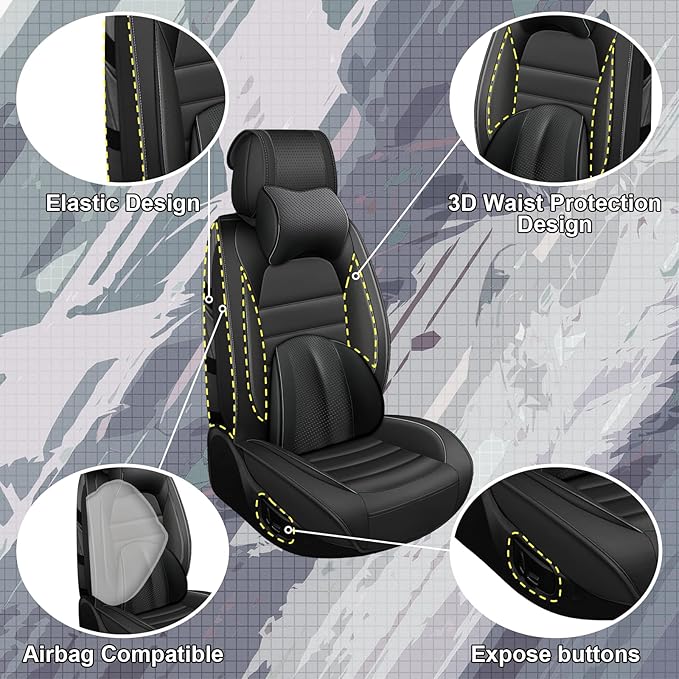 Full Set Car Seat Covers for GMC Sierra 1500/2500/3500 Denali SLT AT4 AT4X Base Seat Covers 2008-2025, Waterproof Premium Nappa Leather Seat Protectors(Luxury 5 Seats/Black)