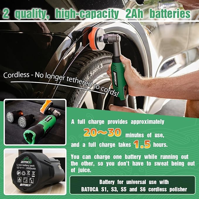 BATOCA S6 Micro Cordless Polisher for Car Detailing, 2x2.0Ah Batteries, 0mm Rotary Buffer, 12mm Dual Action Polisher 1 and 3 Inch with 6 Speeds 1000-5000 RPM for Car Polishing, Sanding Motorcycle