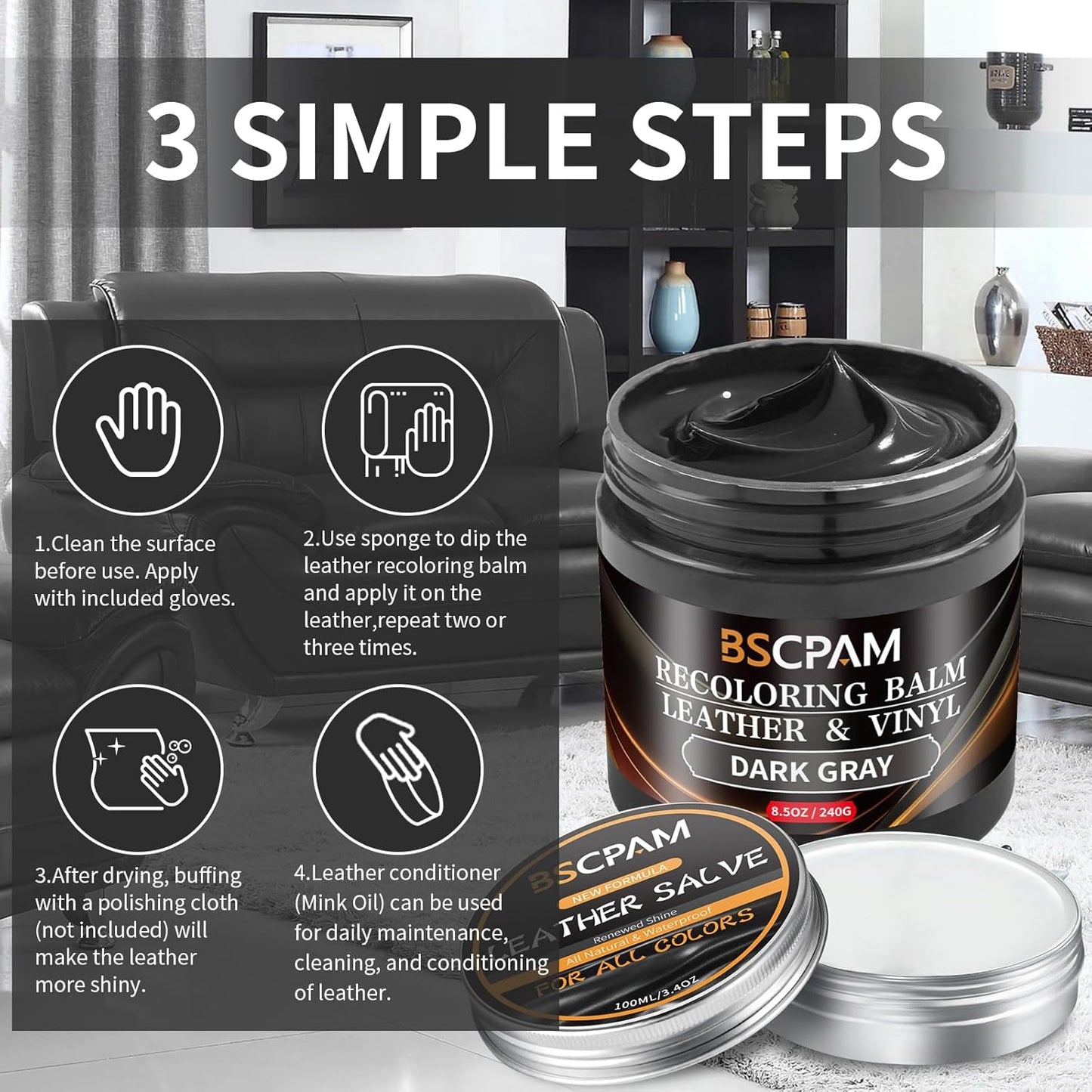 Dark Gray Leather Recoloring Balm with 100ml Mink Oil,Leather Couch Scratch Remover,Leather Repair kit for Vinyl Furniture and Car Interior,Leather Dye Paint,Mink Oil for Leather