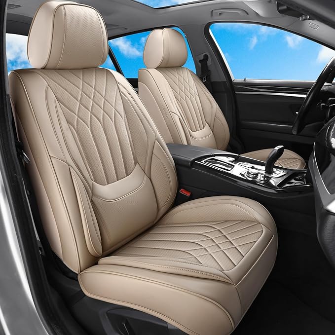 Car Seat Covers Full Set, Nappa Leather Seat Covers for Cars, Beige Car Seat Protector Waterproof, Car Seat Covers Front Seats and Back Fit for Most Cars SUVs Trucks