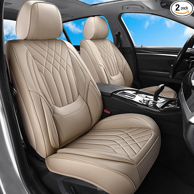 Car Seat Covers Front Seats Beige, Luxury Leather Automotive Seat Covers with Lumbar Support, Waterproof Car Seat Protector Universal Fit for Most Cars Trucks Pick-ups SUVs