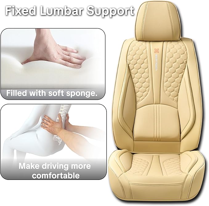 Beige Leather Car Seat Covers - Luxury Waterproof Car Seat Protectors with Lumbar Support, Non-Slip Base, Airbag Compatibility, Easy Installation and Cleaning