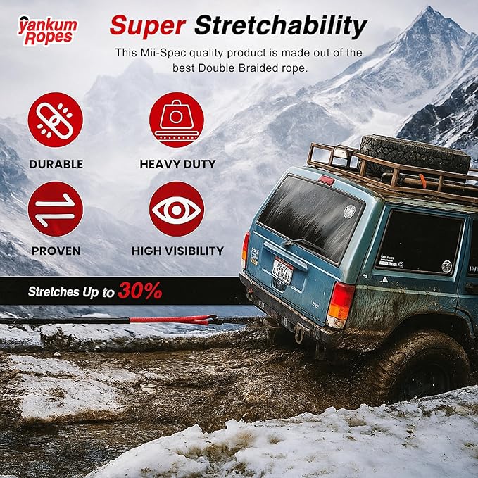 Yankum Kinetic Recovery Rope 5/8”x20’, 2 Soft Shackle 5/16” & Nylon Bag (Small) – Heavy Duty Tow Rope, Synthetic Recovery Shackle, Waterproof Tool Bag for Off-Road, Jeep, Truck Recovery, Made in USA