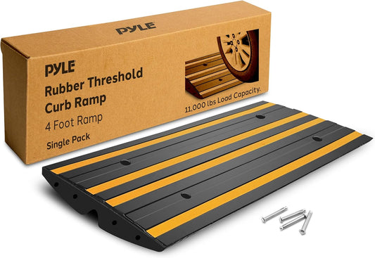 Pyle 4 ft. Rubber Curb Ramp, Non-Slip Threshold Single Ramp for Driveways & Sidewalks, Marine Grade Waterproof, Yellow Reflective Strips, Expansion Screws Included, 48.0’’x 16.0’’ x 2.6’’ Inch