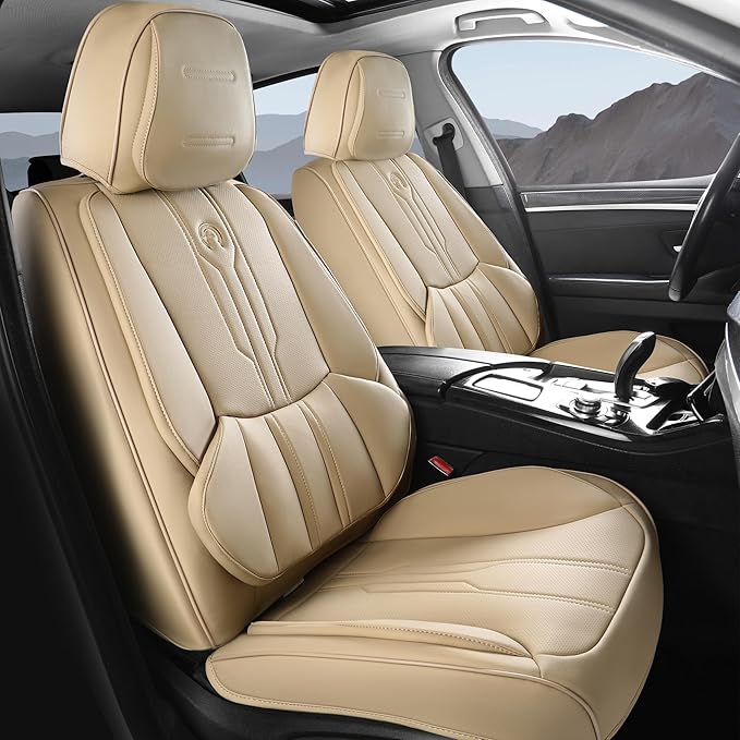 AOOG Car Seat Covers Custom Fit for Ford F150 2009-2026, Faux Leather Seat Cover Set for 2017-2026 F250 F350 F450, Accomodating Regular Cab Super Cab Super Crew Pickup Truck Cushions(Beige, Full Set)