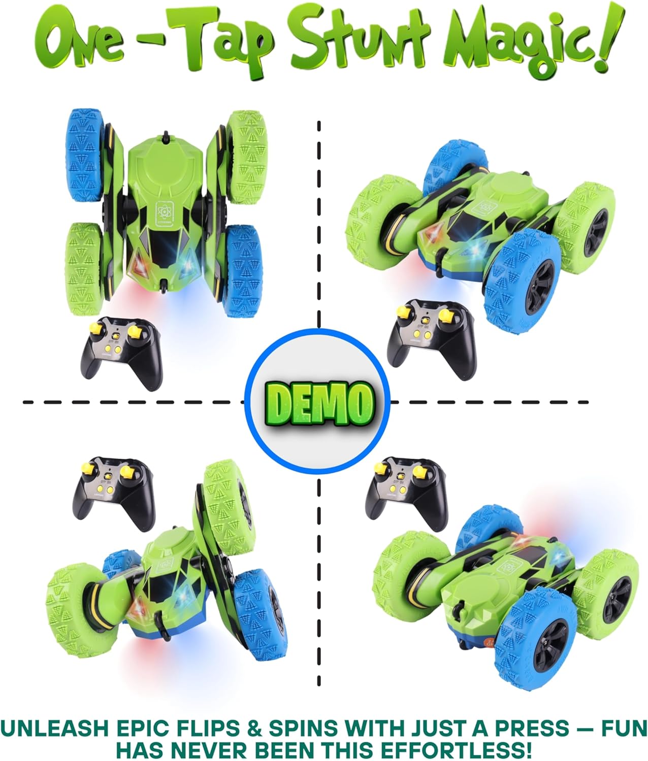 All-Round Drive Stunt RC Car - 360° Spins, High-Speed Off-Road with LED Headlights, 2 Rechargeable Batteries, AAA Remote Batteries, All-Terrain for Kids 6+ & Adults (Green & Blue)