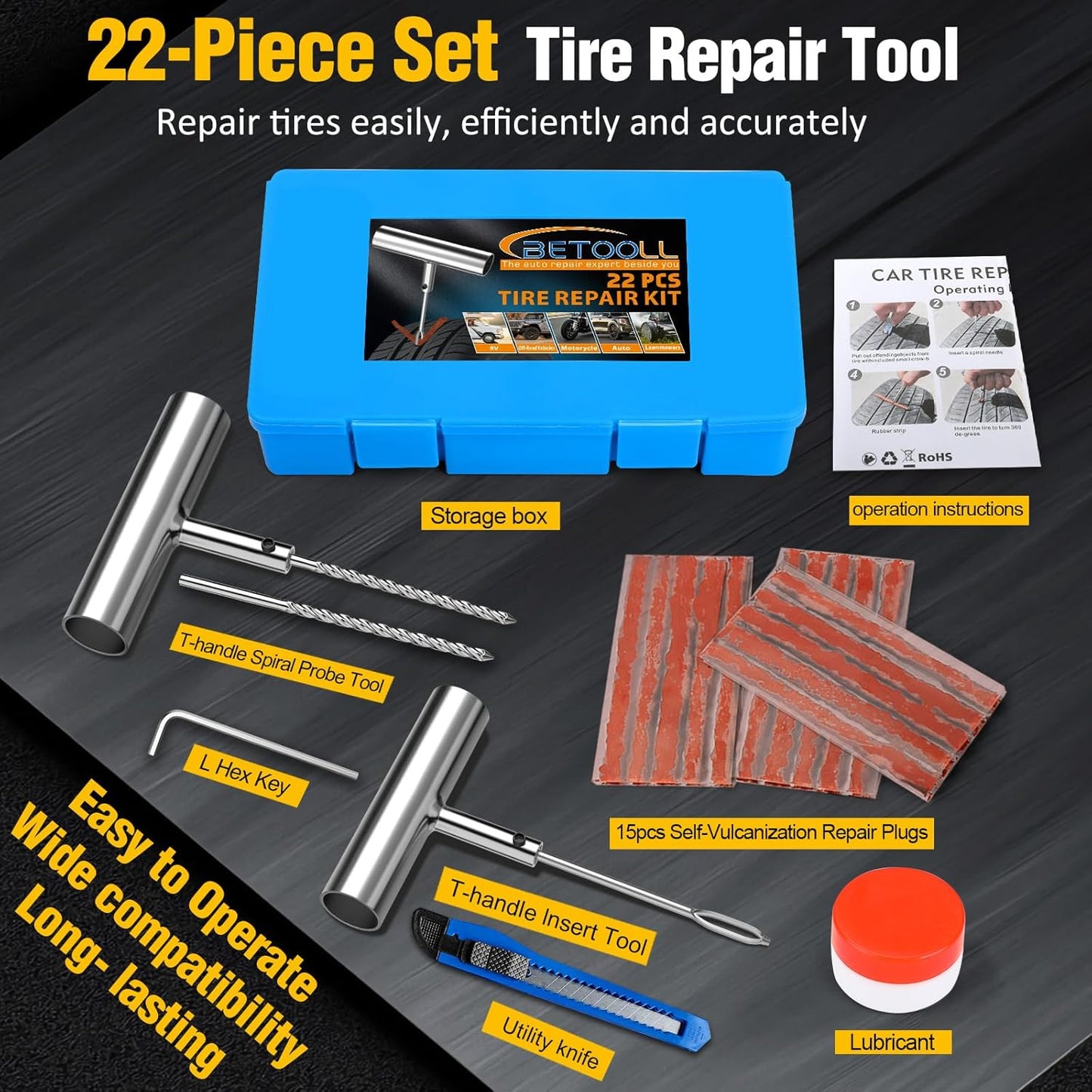 BETOOLL Universal Tire Repair Kit, Heavy Duty 22 Pcs Emergency Tire Plug Kit, for car Motorcycle, Truck, ARB，ATV, Tractor, RV, SUV, Trailer