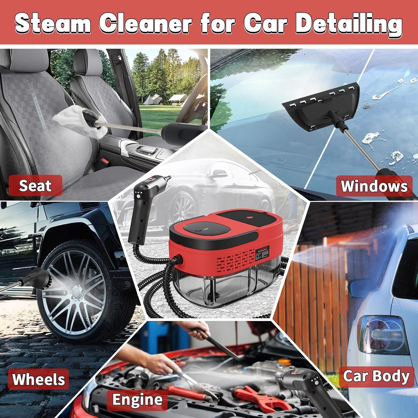Handheld Steam Cleaner for Home, 2500W High Temperature Pressurized Machine, 1.6L Water Tank, Handle-controlled Steam Output, Portable Cleaning Steamer for Car, Bed Bugs, Furniture, Grout (Red)
