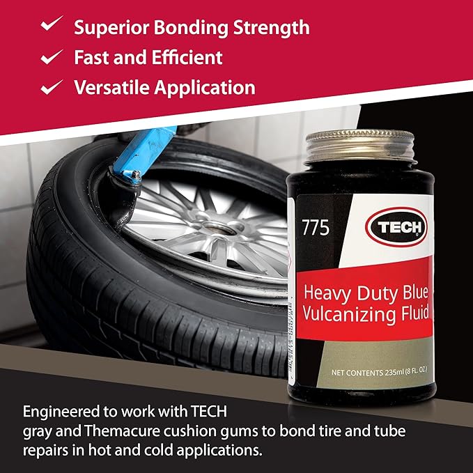Heavy-Duty Blue Vulcanizing Fluid - Tire Repair Cement, Use with TECH Tire Stems and Patches, 8oz Bottle w/Brush Cap