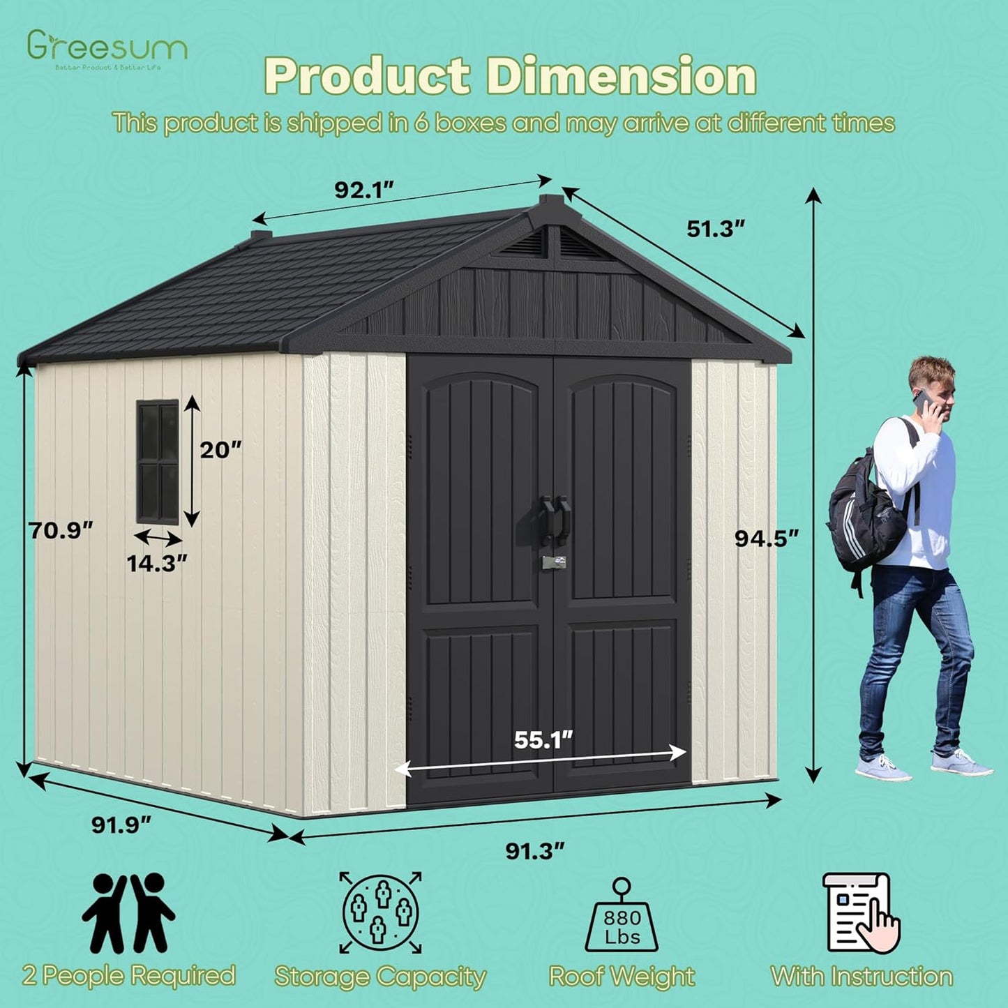 Greesum 8×8 FT Plastic Outdoor Storage Shed with Floor, Resin Sheds with Window and Lockable Door, Weather Resistant Organization for Garden, Lawn, Pool Supplies, Beige