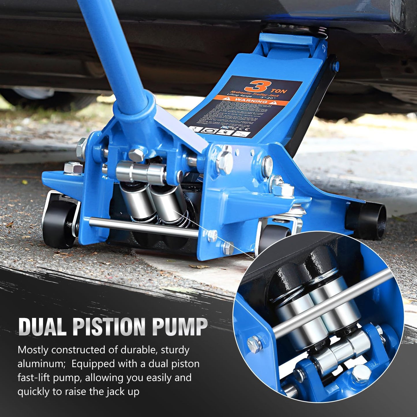 DNA MOTORING Low Profile Hydraulic Trolley Service/Floor Jack, 3 Ton (6000 lbs) Capacity, Lifting Range 3"-20", Blue, TOOLS-00475