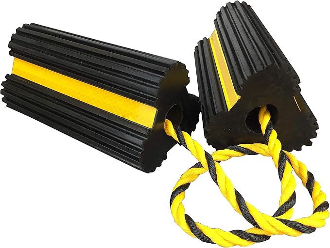 Heavy Duty Rubber Dual Wheel Chocks, RV Non Slip Wheel Stoppers with Nylon Rope Yellow Reflective Tape, Wheel Block for Travel Trailers, Aircraft, Car, Camper, Truck 1 Pair