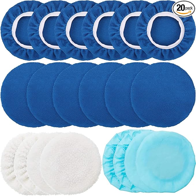 Mudder 20 Pieces Car Orbital Buffer Polisher Pad Bonnet Microfiber Max Bonnet Polishing Buffing Pad Cover(Sapphire Blue,7-8 Inches)