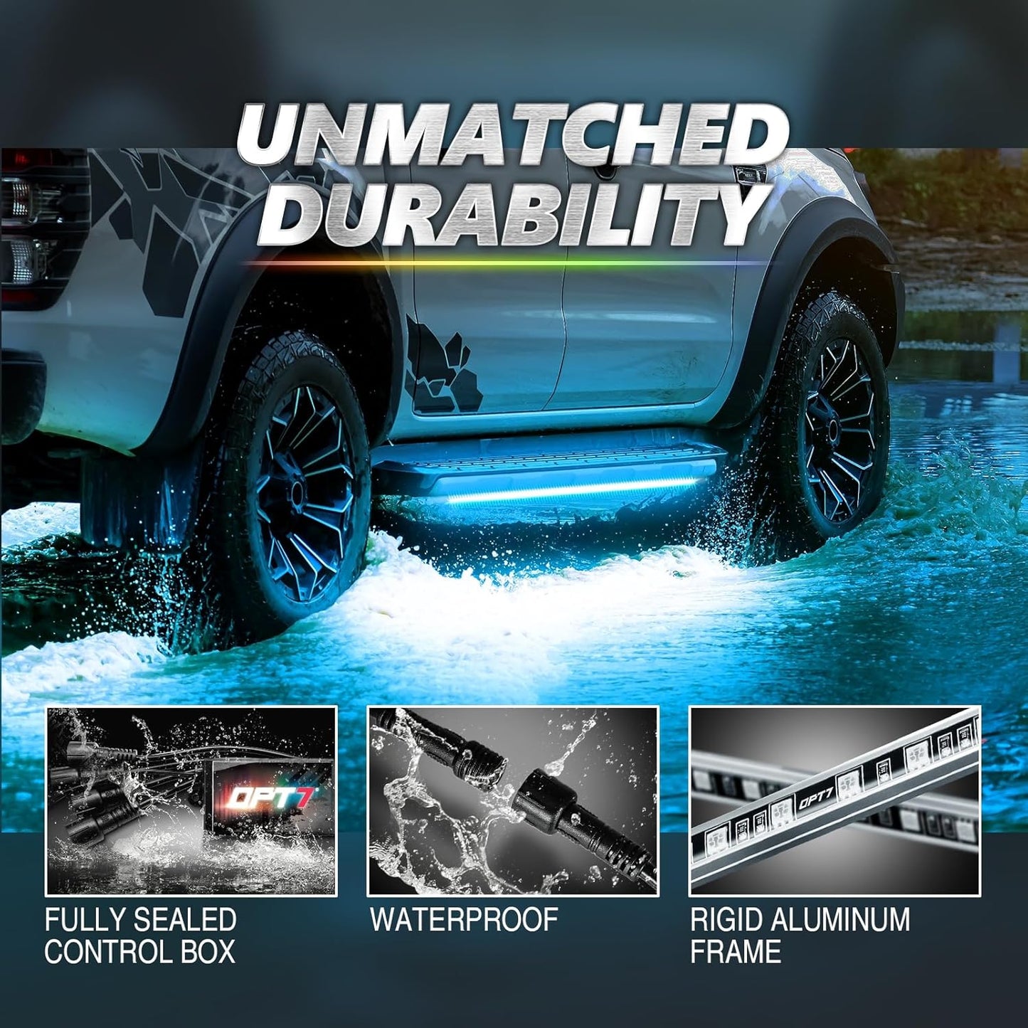 OPT7 Aura Pro Underglow LED Lights Kit for Truck with App & Remote Control, RGB Multicolor Music Modes, Waterproof Rigid Aluminum Light Bar, Exterior Neon Accent Lighting for Regular Extended Cab