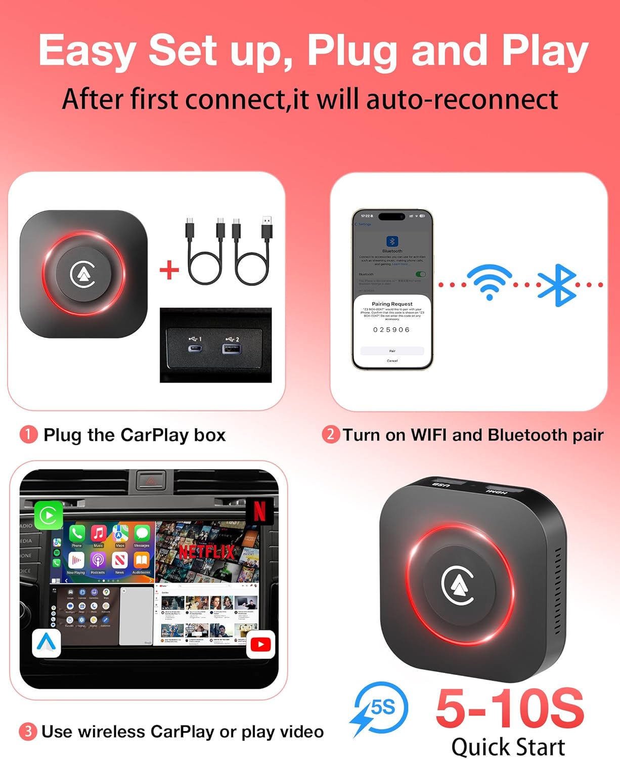 Wireless CarPlay Adapter, 2025 Upgraded Magic Box 2.0 Supports YouTube Hulu TikTok Disney+ and More, Android Auto Wireless Adapter Plug and Play Easy Setup for Cars with OEM Wired CarPlay